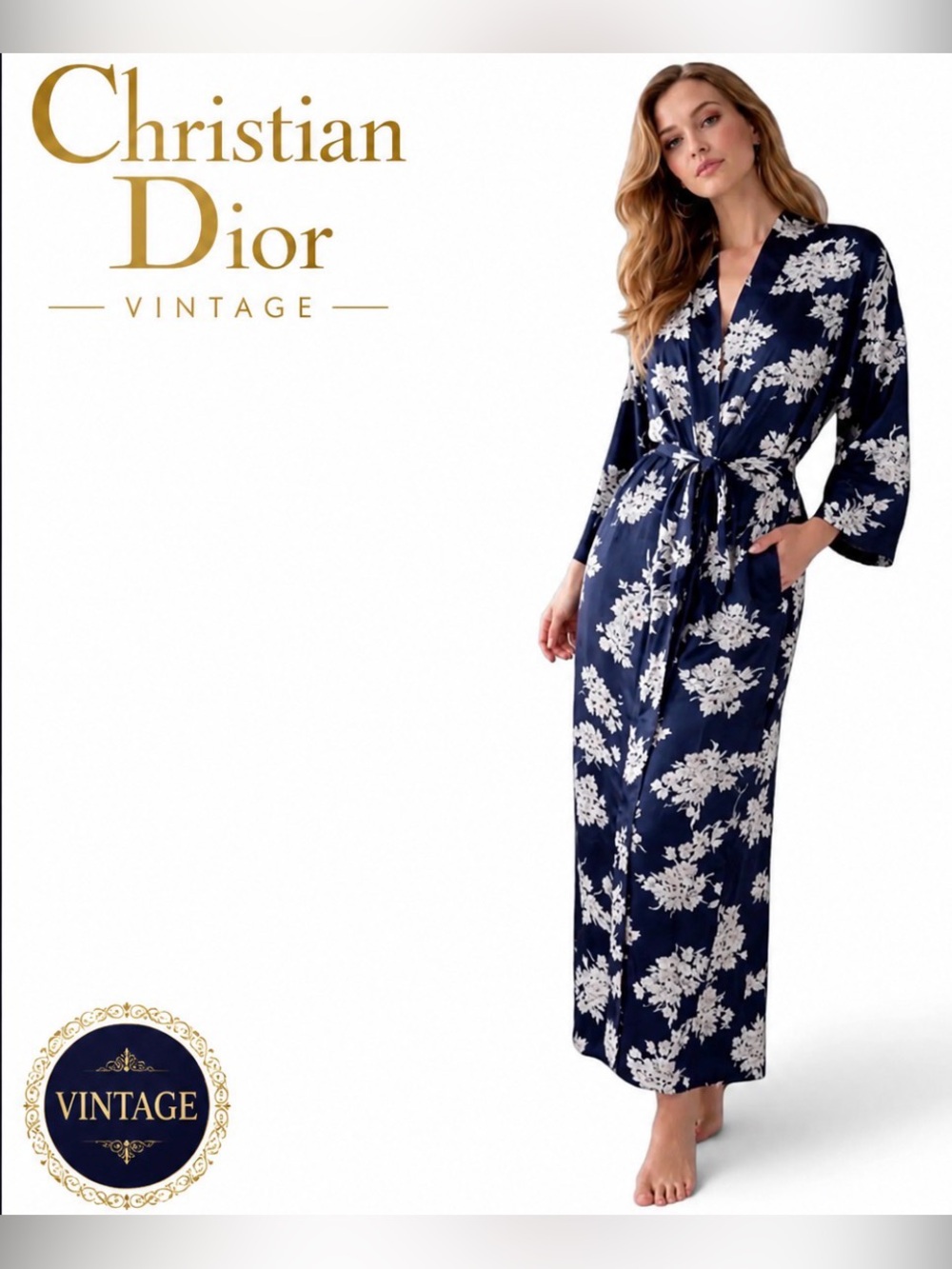 Vintage Christian Dior Floral Satin Peignoir Robe Blue White Belt Women’s Small